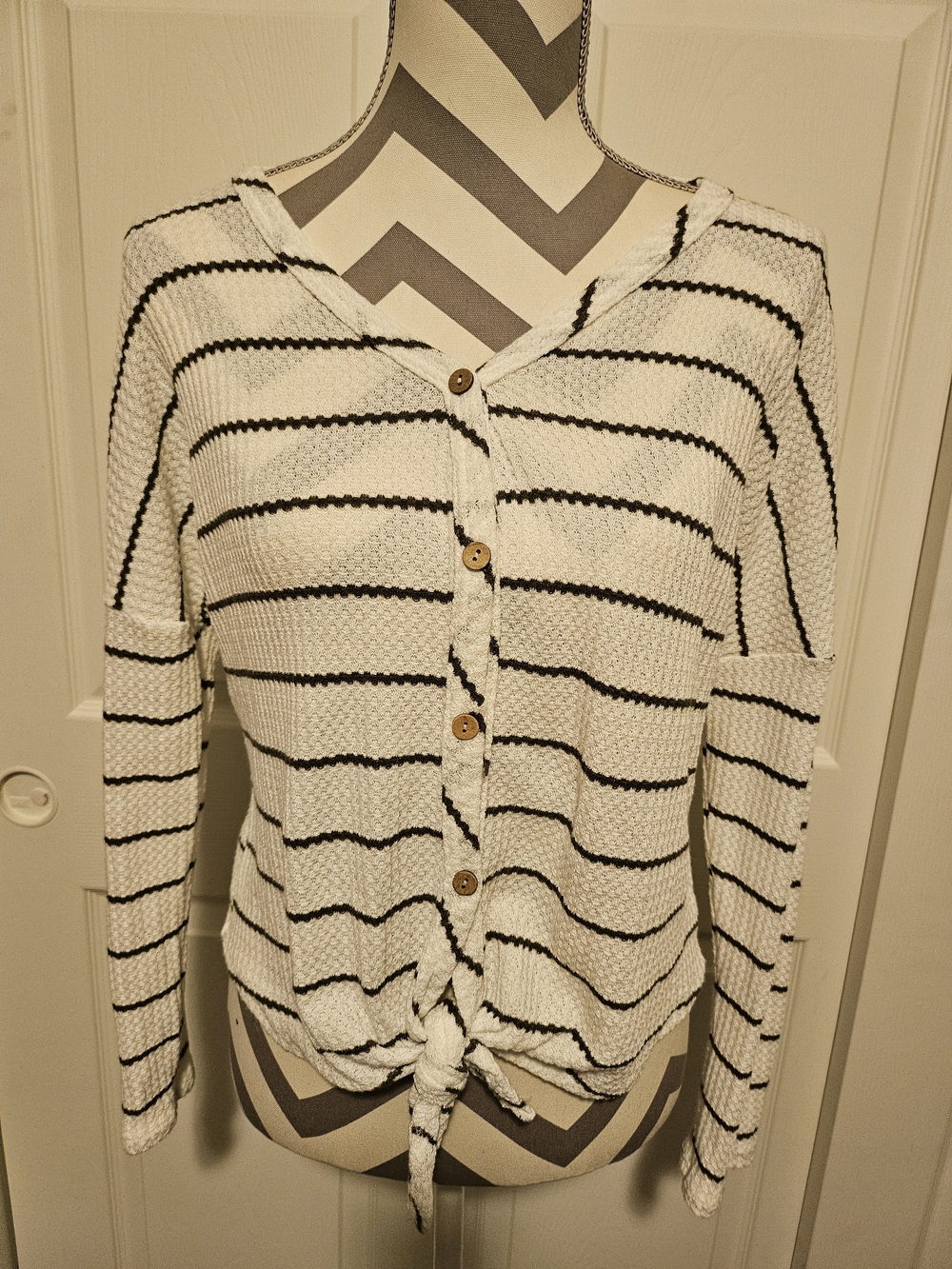 Paper Crane White & Black Striped Tie-Front Crew Sweater